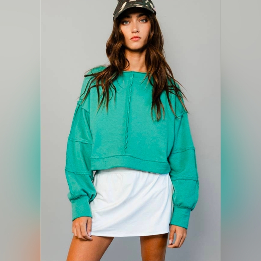 BucketList Frech Terry Raw-edge Light Crop Pullover Sweater Green S,M,L NWT$70